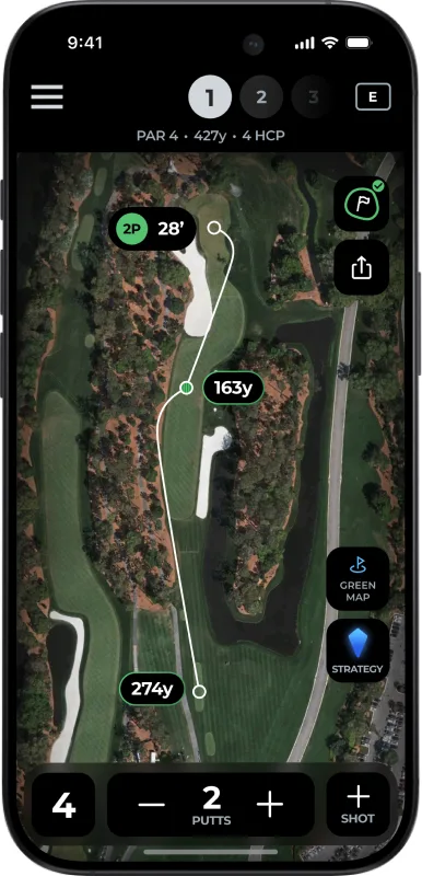 Arccos app: a hole map with every shot traced and its distance