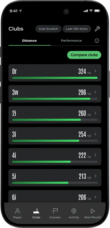 Arccos app: Smart Club Distances screen