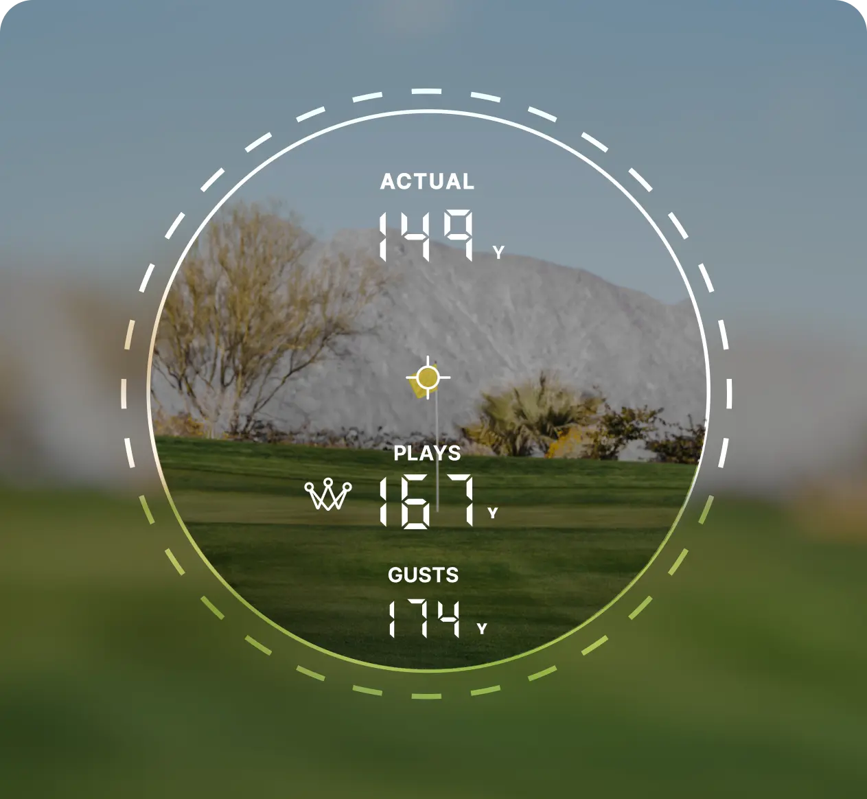 The Smart Laser display reading 149 yards actual, 167 playing, 174 in gusts
