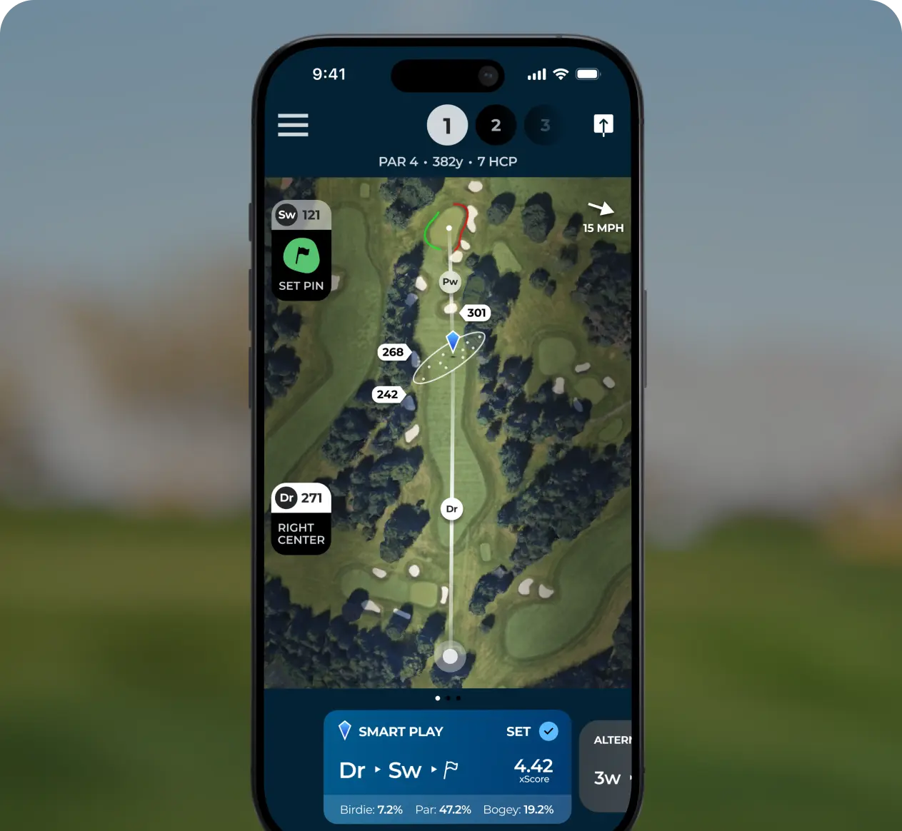 The Arccos app recommending a club and target line for the next shot