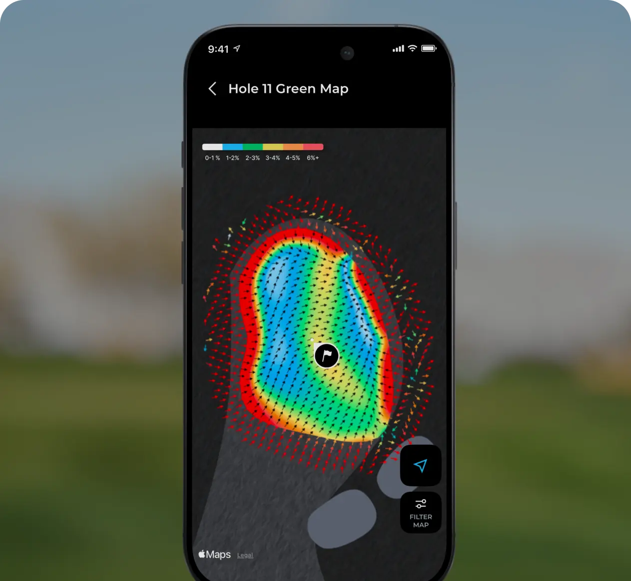 The Arccos app showing a colour-coded green map with slope and break arrows