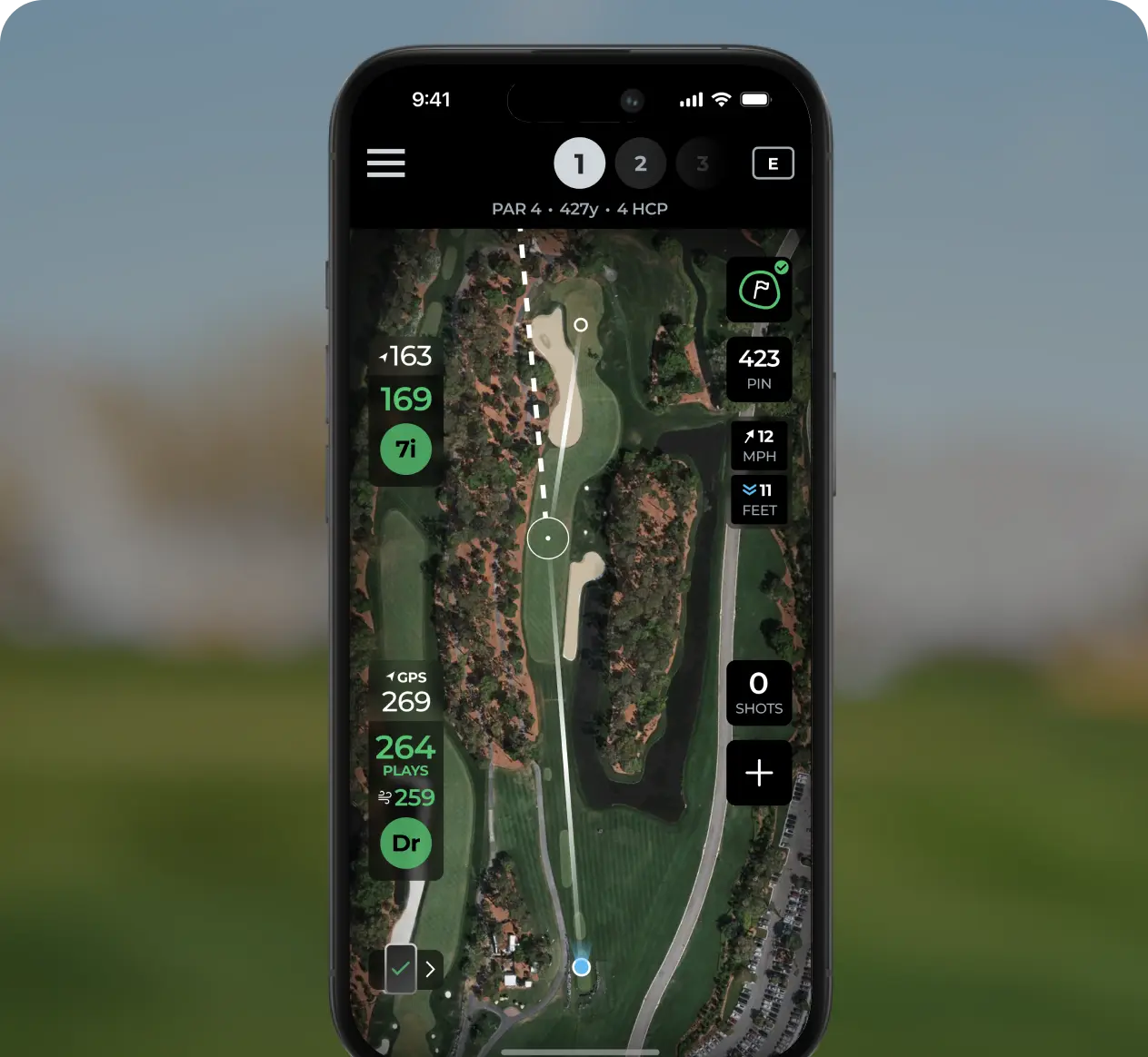 The Arccos app showing an aerial view of a hole with carry and layup yardages