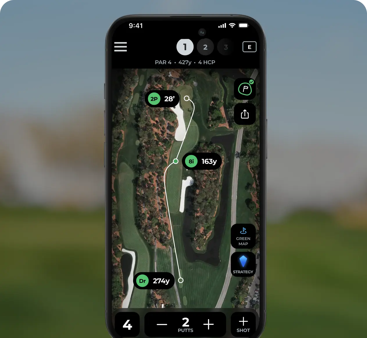 The Arccos app showing a hole with automatic pin placement and club distances
